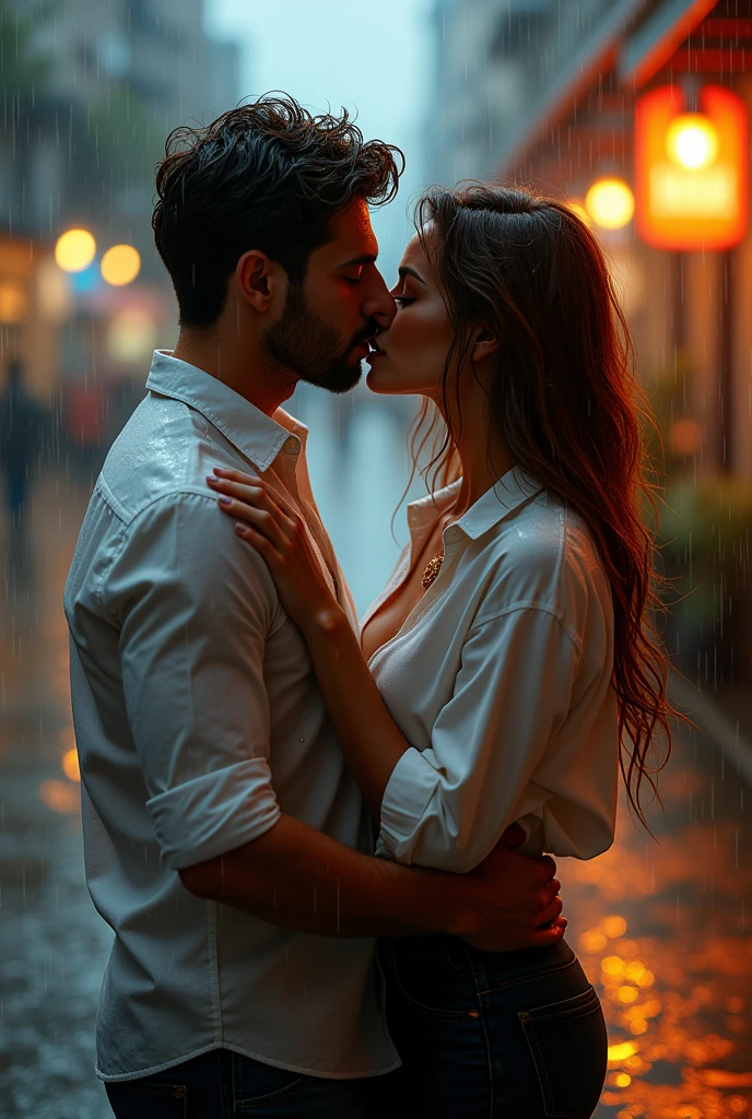 Create a high quality realistic image, woman wears a casual white shirt, kisses a man, both get wet from the rain.