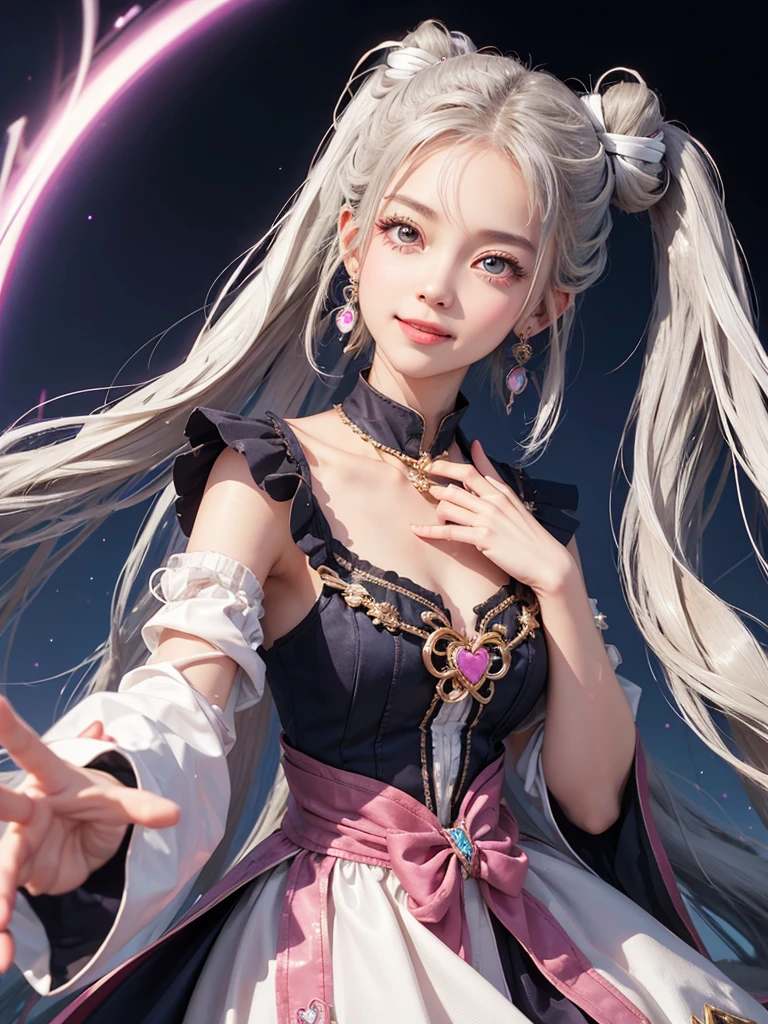 One girl, Twin tails, accessories, Earrings, accurate, chest, happiness/joy, Bright Eyes, Simple Background, Sparkle Effect, stereofuturism,
fortune teller、Angel Halo, Long Hair, ,Heart-shaped eyes, star、Gaze,