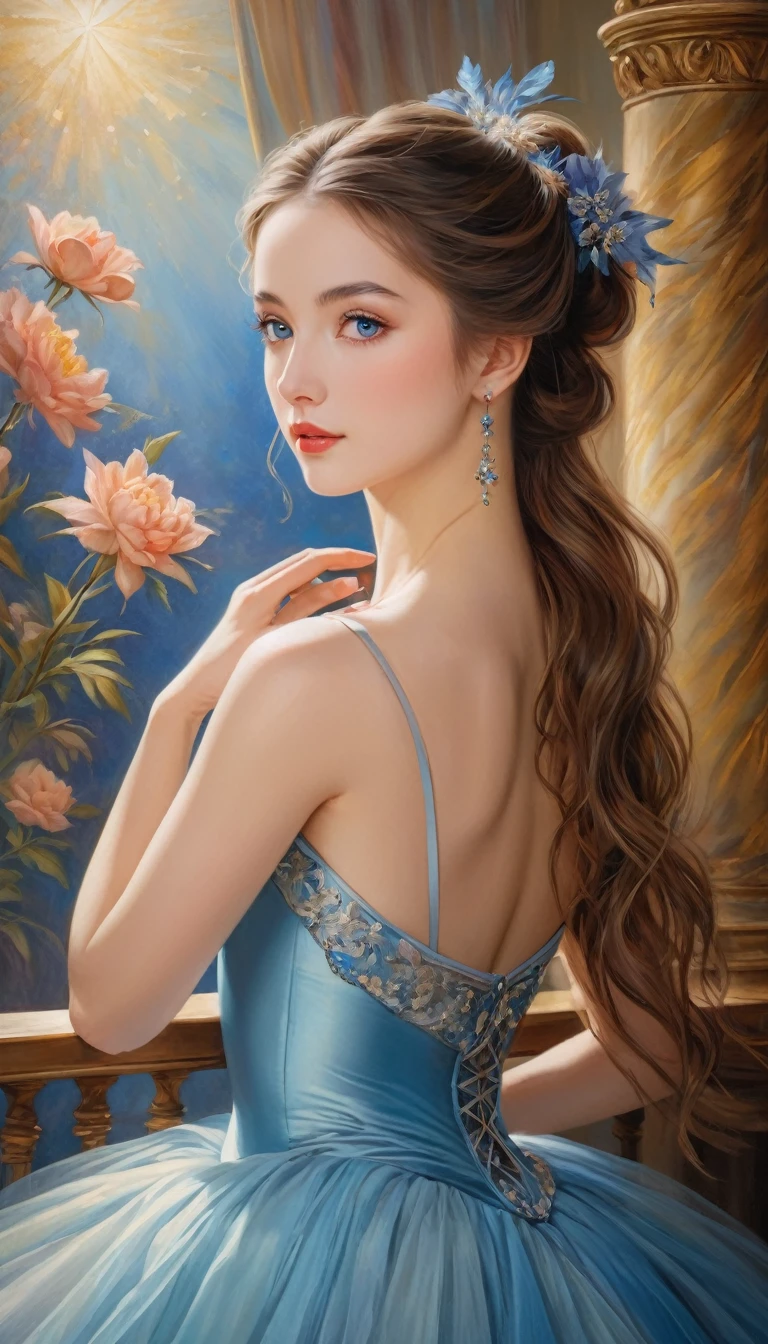 (High resolution,masterpiece:1.2),(Realistic:1.37)"(Highest quality, High resolution, Very detailed, Realistic),Portrait of a beautiful French ballet dancer from the 19th century, (She is half French and half Japanese., She is a beautiful woman with deep blue eyes and a high nose.:1.1), Exquisite ballet costumes, Detailed facial features, Long and graceful neck, Flowing locks of hair, Calm and elegant posture, Soft and delicate lighting, Classical Oil Painting Medium, Vibrant colors, Delicate background with star motif", Dreamy atmosphere, Surrealism,Mysterious Aura