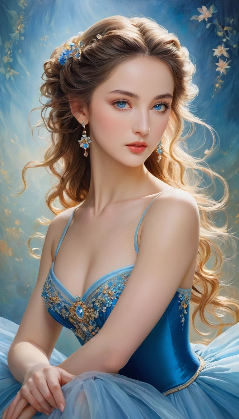(High resolution,masterpiece:1.2),(Realistic:1.37)"(Highest quality, High resolution, Very detailed, Realistic),Portrait of a beautiful French ballet dancer from the 19th century, (She is half French and half Japanese., She is a beautiful woman with deep blue eyes and a high nose.:1.1), Exquisite ballet costumes, Detailed facial features, Long and graceful neck, Flowing locks of hair, Calm and elegant posture, Soft and delicate lighting, Classical Oil Painting Medium, Vibrant colors, Delicate background with star motif", Dreamy atmosphere, Surrealism,Mysterious Aura
