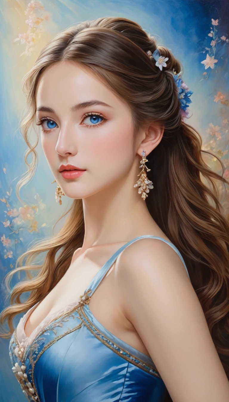(High resolution,masterpiece:1.2),(Realistic:1.37)"(Highest quality, High resolution, Very detailed, Realistic),Portrait of a beautiful French ballet dancer from the 19th century, (She is half French and half Japanese., She is a beautiful woman with deep blue eyes and a high nose.:1.1), Exquisite ballet costumes, Detailed facial features, Long and graceful neck, Flowing locks of hair, Calm and elegant posture, Soft and delicate lighting, Classical Oil Painting Medium, Vibrant colors, Delicate background with star motif", Dreamy atmosphere, Surrealism,Mysterious Aura