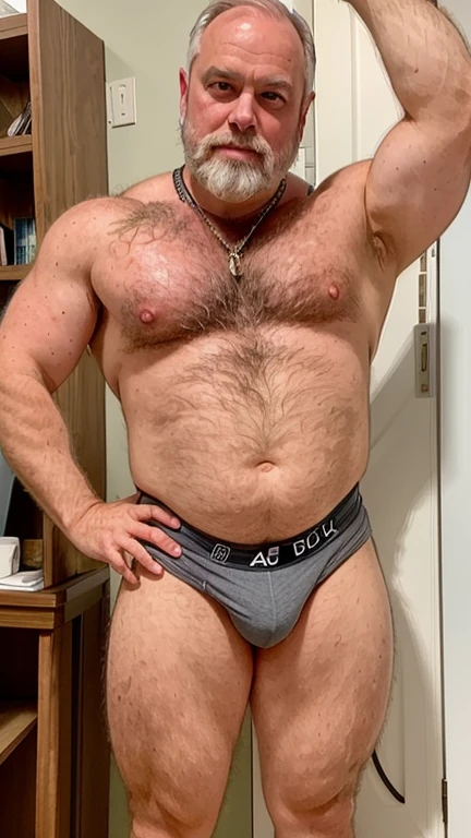上半身は裸のOlder ageな男性ボディビルダー。
Big muscles。Big Belly。thick limbs。
A standing posture that shows the whole body。
極端に短いGray-hairedの顎髭。
極端に短いGray-hairedの髪。
Older ageな男性ボディビルダーは白いjockstrapだけを着ている。大きなbulge。
Sunburned skin。Hairy skin。Sweat-soaked skin。
男性はThe whole body is hairy。Full body covered in hair。Gray-hairedの胸毛。Gray-hairedの腹毛。Gray-hairedの下腹部の毛。Armpit hair。Arm hair。Leg hair。Thigh hair。shin hair。
Symmetrical and well-formed face。A gentle face。Calm expression。single eyelid。Kind eyes。Small eyes。Round Nose。Big Nose。Small Mouth。Small lips。
Statue。Low - Angle。Full body portrait。Older age。Gray-haired。The whole body is hairy。jockstrap。bulge。
Maximum number of pixels。Highest quality。ピントがきちんと合ったHighest qualityの写真画質。Photorealistic。