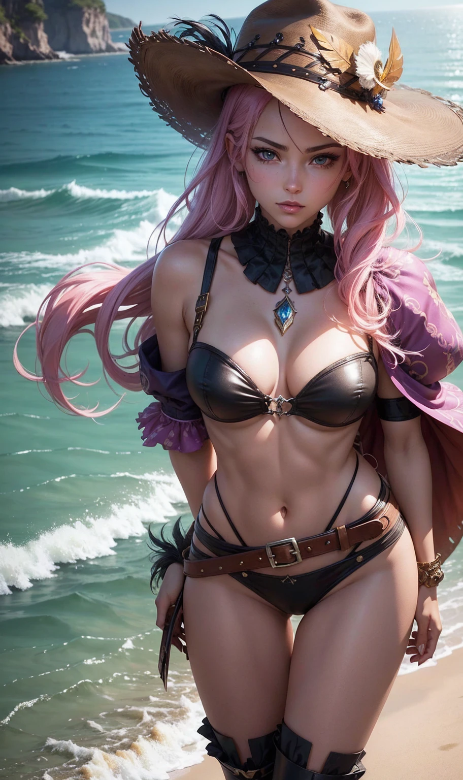 comely Alluring female swashbuckler, Fantasy Theme, skin only, in a port on a tropical island, colorful printed ruffle bikini, leather straps, Feather hat, anatomically correcte, neckleace, ruffled socks and gloves, barely clothed, comely D&Portrait of character D, tema swashbuckler, Fantasy Theme, detailded, digitl art, extreme detail, polished, comely, hiperdetailded, intrikate, elaborate, meticulous, anime character, detailded, Anime Face, sharp focus, engine unreal, 3d rendered, volumetric lighting, Reflections, lustrous, digital illustration, sultry posing, suggestive posing, full body shot shot, 💖❤💕💋❣
