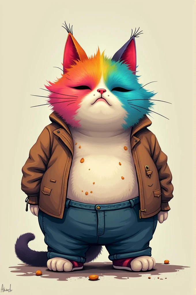 Same a 2 & Rainbow face of cat that looks overweight, with a messy face, and is wearing, tattered clothes with feeling bullying.
