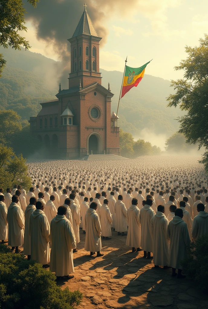  an Ethiopian church, surrounding water, large number prayers surrounding the church, wearing white Cotton cloth, a flag of red yellow and green hanging over the prayers,smoke come from the church towards the people 