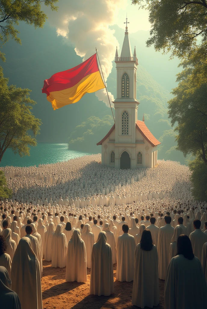 an Ethiopian church, surrounding water, large number prayers surrounding the church, wearing white Cotton cloth, a flag of red yellow and green hanging over the prayers,smoke come from the church towards the people