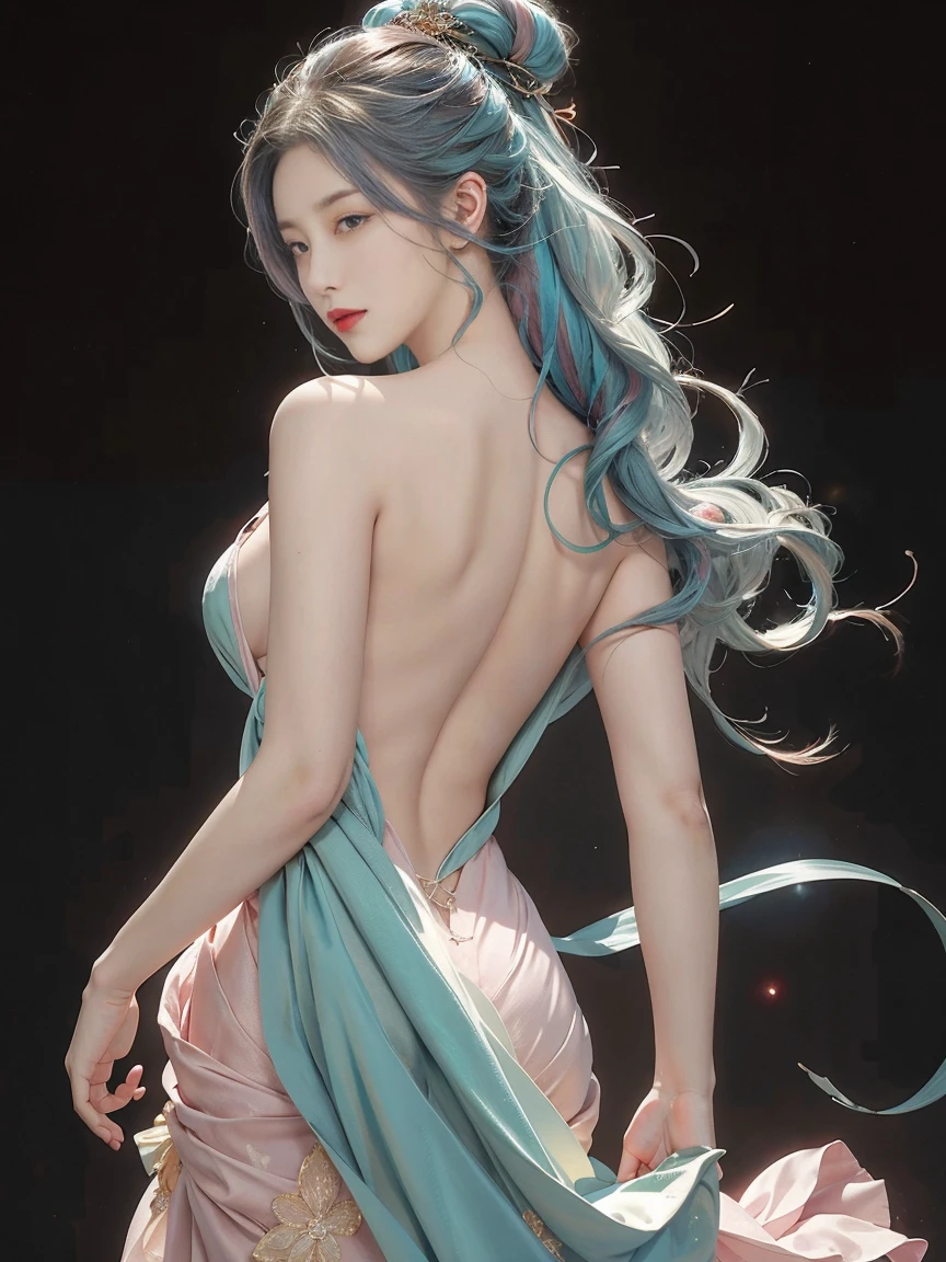 highly detailed, 8K, masterpiece, 1 girl, blue pink_hair, nude, Smile, (perfect_Face), boundary, close up, crazy, exist_Back, Gorgeous, complicated, Dramatic Lighting, 4K, detailed_Background, Caustics, full_Body,