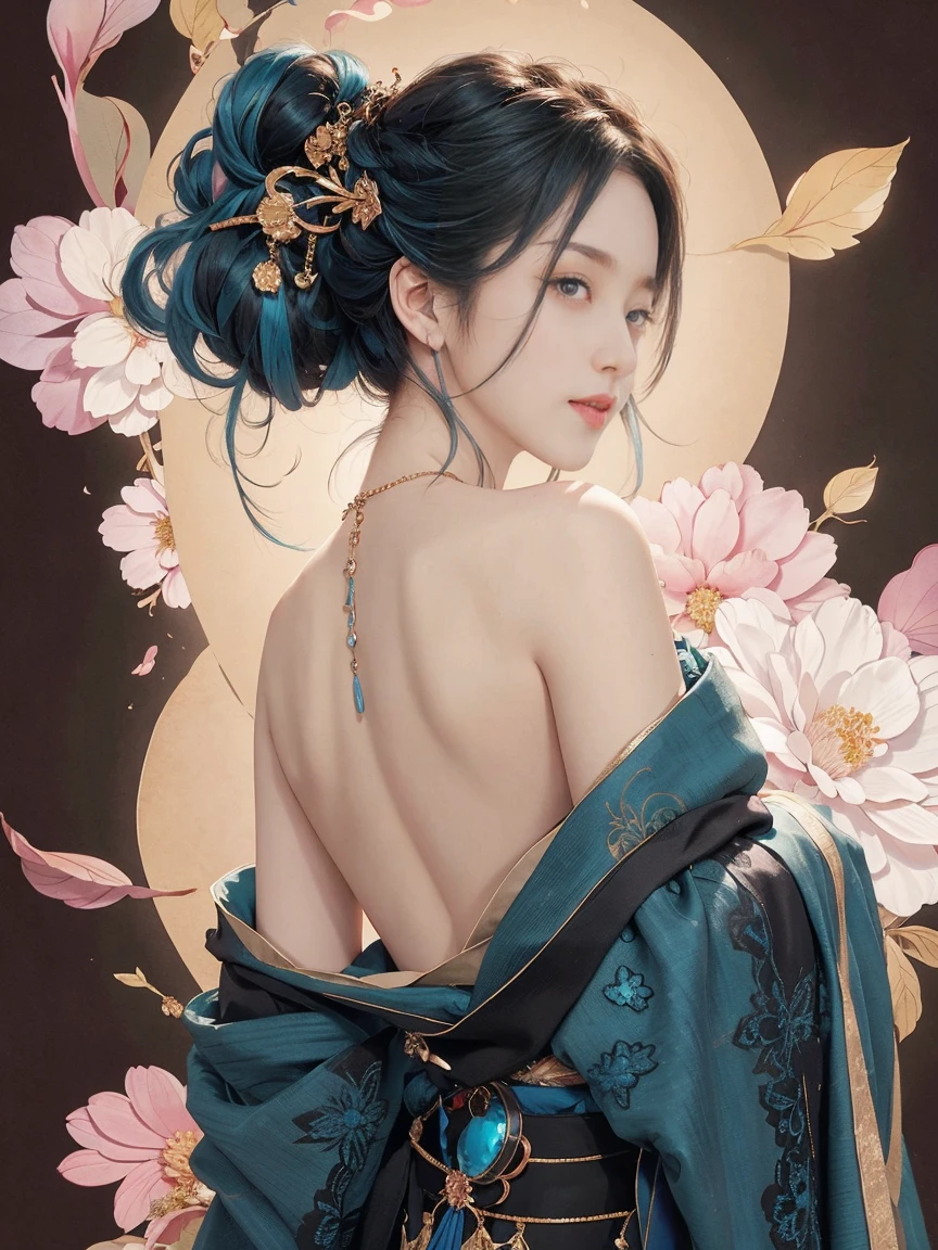 highly detailed, 8K, masterpiece, 1 girl, blue pink_hair, nude, Smile, (perfect_Face), boundary, close up, crazy, exist_Back, Gorgeous, complicated, Dramatic Lighting, 4K, detailed_Background, Caustics, full_Body,  