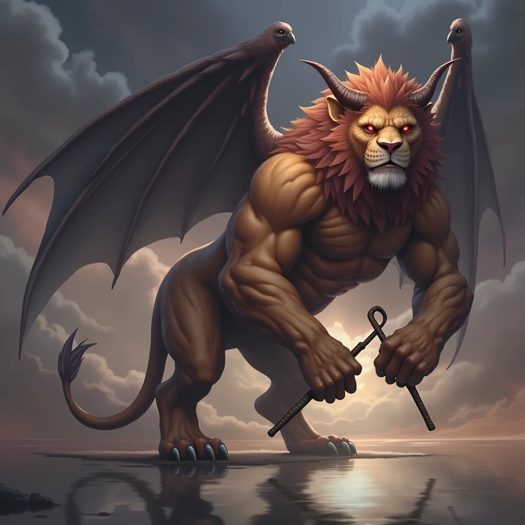 A very tall demon with a lion&#39;s head and bat&#39;s wings standing straight in a two-footed human pose, of an imposing and majestic lion furry, with dense, lush fur in shades of gold, orange and brown, stern expression, confident pose, eerie glowing red eyes, tenebrosa fur, Crowbars, heavenly, muscular frame, detailed facial features, highy detailed, photorrealistic, light andshade contrast, dramatic lighting, fancy, surreal, tenebrosa, temperamental, thunder sky background, white fog in the foreground, reflection of water on the floor