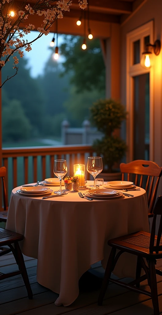 Table set for a romantic candlelit dinner on the porch of a house