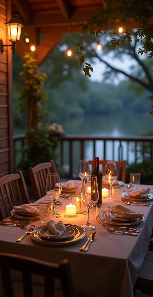 Table set for a romantic candlelit dinner on the porch of a house