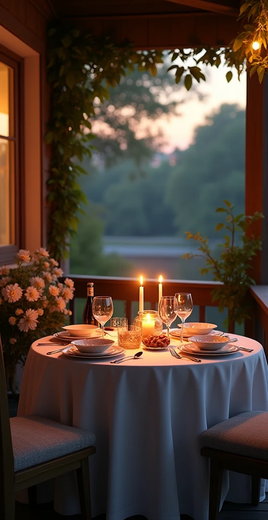Table set for a romantic candlelit dinner on the porch of a house