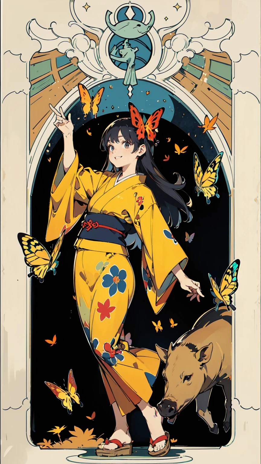 Tarot Cards、Masterpiece、Highest quality、Highest quality、Amazing details、Detailed Background、Line art、Written boundary depth、Flat Shading、Mucha style、Art Nouveau、(Image of autumn in Japan:1.3)、(Surrounded by butterflies, deer and boars:1.2)、A side view of a person in a kimono holding out their hand、Vintage Color、colorful、Anatomically correct、Slim figure、Thick thighs、Hollow Eyes、Grin、Perfect Face、Black Hair、long hair