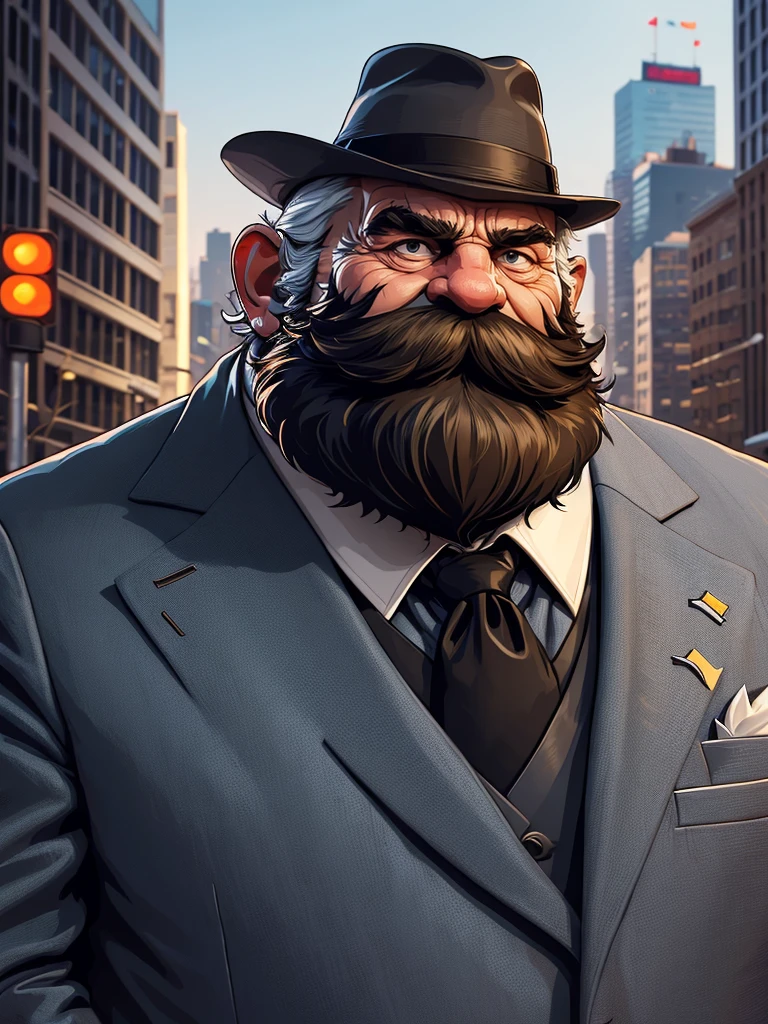 a portrait of an old man wearing a suit, upperbody, standing in a city background, (mwvector), hat, vector, thick mustache, long beard, 8k, high quality, photorealistic, detailed wrinkles, detailed facial features, detailed texture