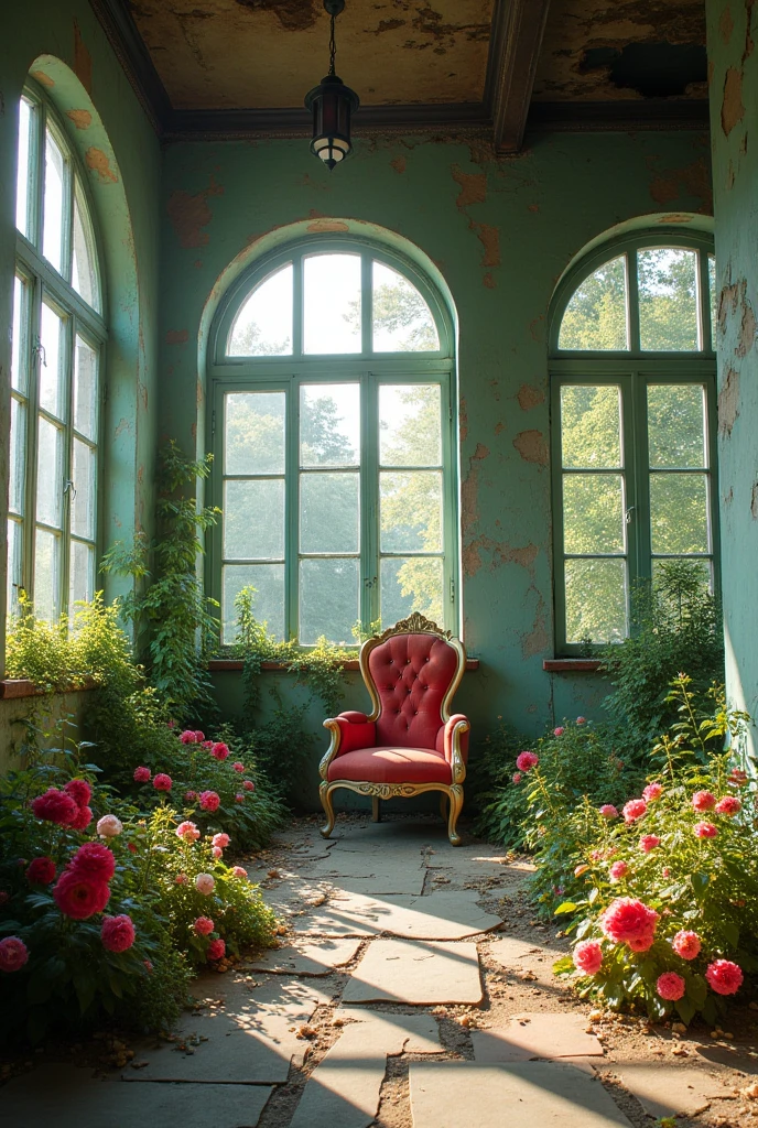Inside the abandoned room、Western、A gorgeous chair in the middle that isn't broken、windowが多い、wallが壊れている、(window、wall、door、The floor is collapsing:2.0)、White Room、peace、The morning sun is shining and it's bright、(床やwallに満開の色とりどりで鮮やかな美しい花々is blooming:1.8)、There is no one、front、Highest quality、8k、high resolution、9:16
