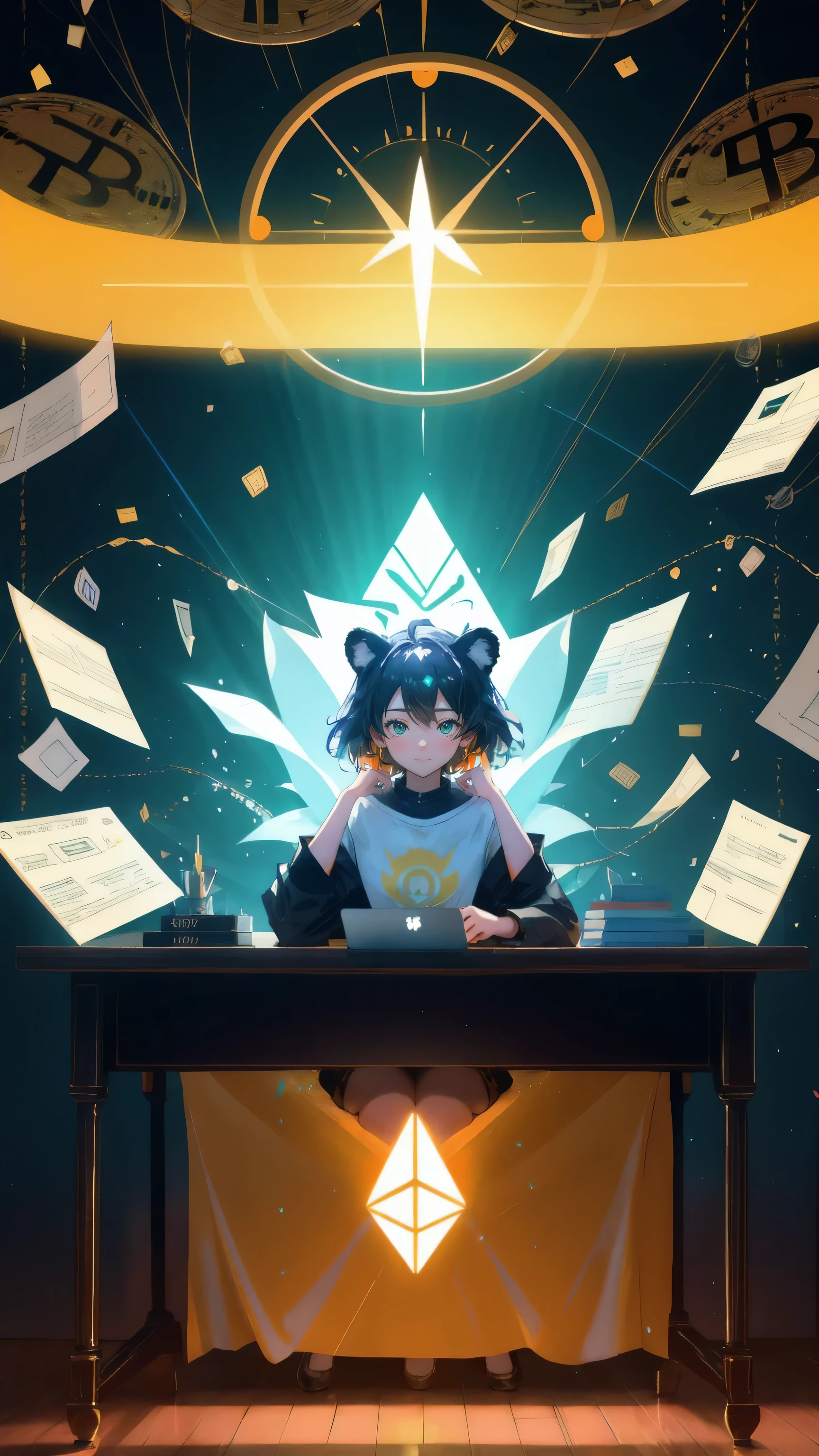 "A cute anime girl with bear ears sits at a wooden desk, arms raised in excitement or panic. She wears a yellow T-shirt with a tiger face print. Above her, large text reads 'DYOR OR DIE' in a bold, 3D style with orange-to-yellow gradient. The background is a vibrant green with light rays emanating from the center, creating a burst effect. Floating around are golden Bitcoin coins, blue and white Ethereum diamonds, and flying papers. The desk is cluttered with documents, a laptop with an Ethereum logo, and various cryptocurrency symbols. Chains frame the top of the image, with tree branches visible in the corners. Below the desk are tropical leaves and more Ethereum symbols. The entire scene has a cartoonish, highly detailed style with bright colors and dynamic composition, emphasizing the chaos and excitement of cryptocurrency research."