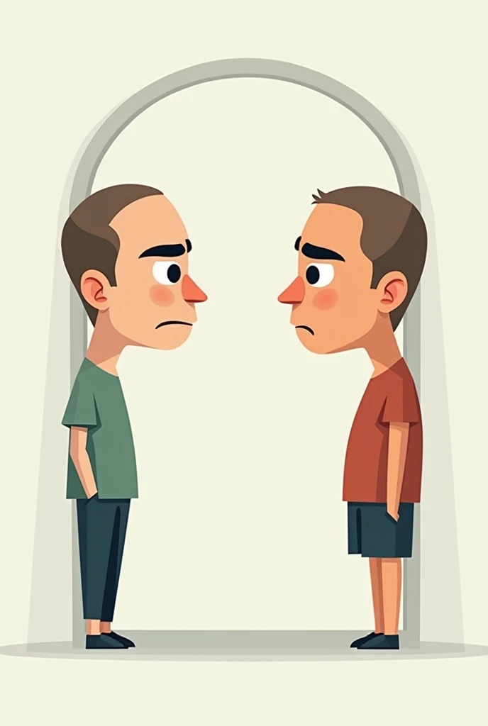 someone looking in a mirror and repressing their reflection shows disapproval of an idea while in reality they show calmness and moderation. This is done in a simple art form and represents the idea of someone managing their own emotions