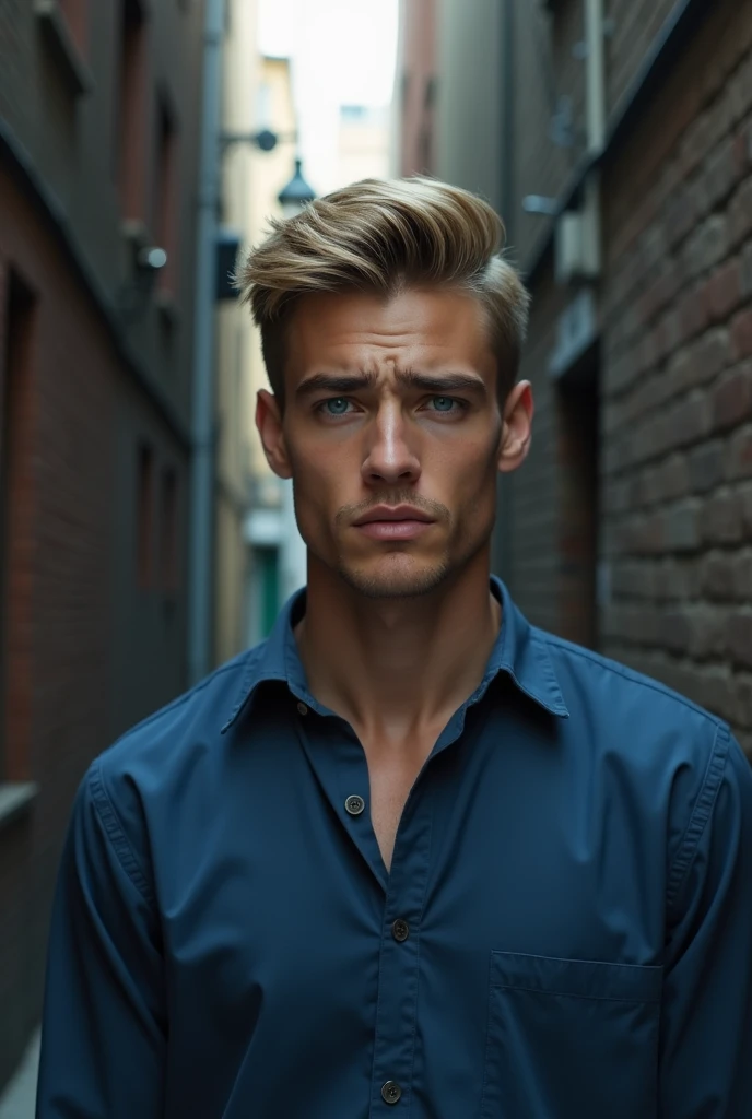 Boy with blonde hair and blue shirt standing in a narrow alley, sad face, young man with blonde hair, cara loiro, Blonde hair and attractive appearance, beautiful young man, attractive young man, blonde hair and blue eyes, facial details, attractive handsome face, child blonde boy, young pretty boy, pretty boy, retrato do pretty boy, Benjamin Mascolo 8k