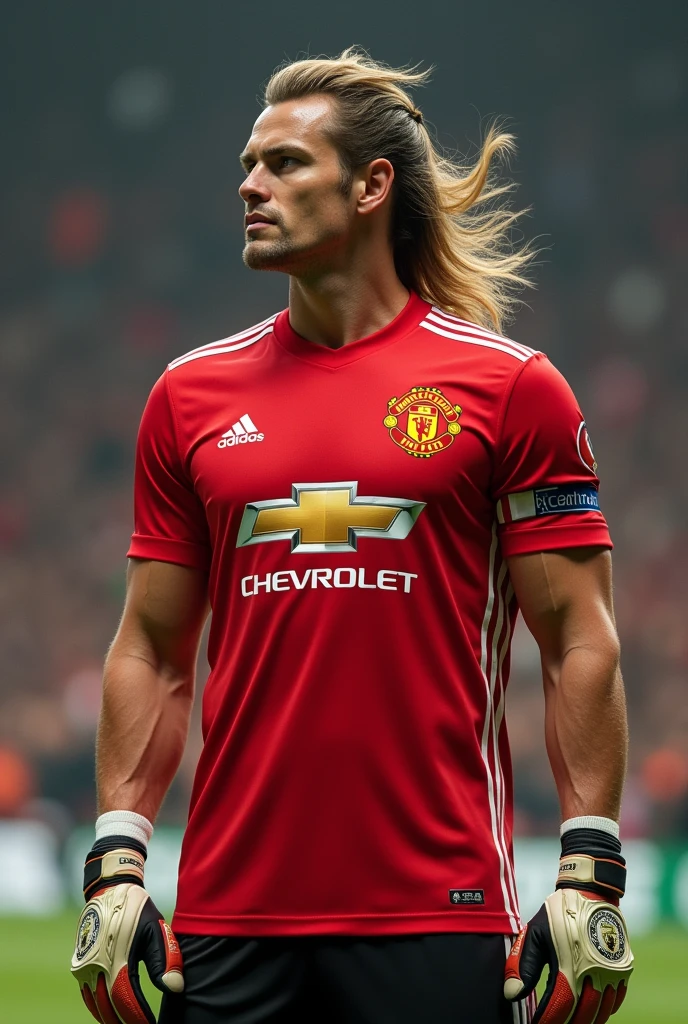 Male footballer wearing goalkeeper gloves, Manchester United shirt, and a mullet hairstyle