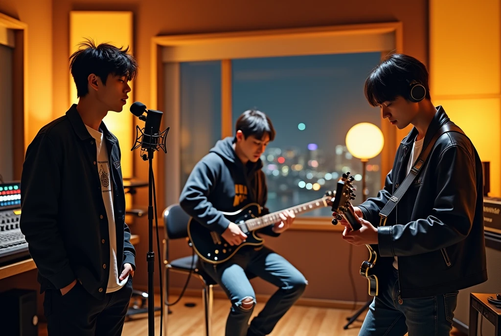 In a sleek, modern recording studio with high-end equipment, three handsome Korean male band members are collaborating on a new song. The first member, with tousled dark hair and wearing a trendy jacket over a graphic tee, stands confidently in front of a high-quality microphone, passionately singing with closed eyes, completely immersed in the lyrics. He wears large, over-ear headphones, and his posture reflects his deep connection to the music. The second member, seated at a state-of-the-art mixing console, has a focused expression as he carefully adjusts sound levels. He has a slightly wavy hairstyle, and his outfit is a mix of casual and stylish, with a hoodie and ripped jeans. The third member, sitting on a comfortable stool, is playing a sleek electric guitar. His short, sleek hair contrasts with his slightly edgy style, consisting of a leather jacket and dark jeans. His fingers move skillfully over the strings, adding depth to the track. The studio is bathed in warm, ambient lighting, with soft yellow and orange hues reflecting off the acoustic panels and creating a cozy yet professional atmosphere. Various instruments are scattered around the room, and a large window in the background reveals a view of the city skyline at night, adding to the creative and dynamic energy of the scene as the band works in harmony to perfect their sound.