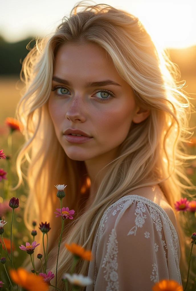 Visualize an captivating portrait of a young woman standing amidst a field of wildflowers. The composition encompasses her full figure, but the focal point is undeniably her face, which is captured with incredible clarity and detail. Her long, lustrous blonde hair flows freely, dancing in the gentle breeze and catching the sunlight to create a golden aura around her. Her eyes, a striking shade of azure, are expertly enhanced with professional makeup, their gaze penetrating and full of life. A wa