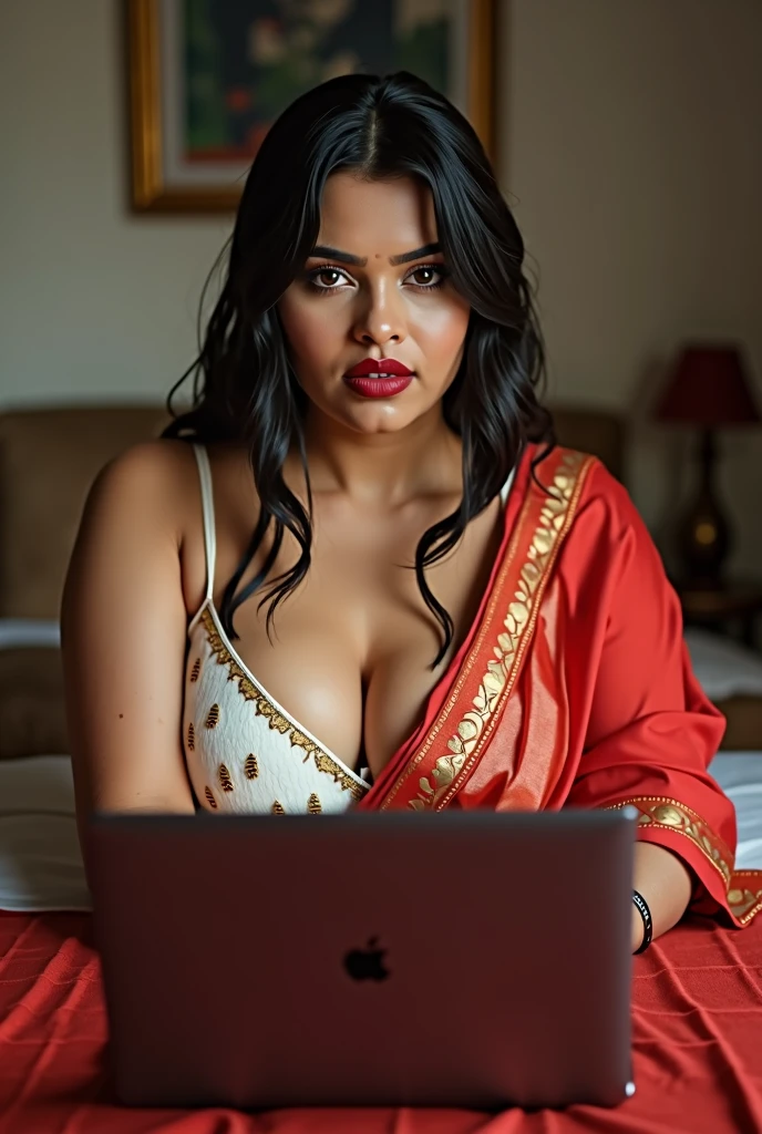 wolf cut hairstyle erotic hindu wife, front facing, 4K, super realistic, huge breast, super big fake lips red lipstick super delicious body saree bra chubby body Hot a sexy figure indian wife wearing read saree and white bra with huge boobs sitting in table and using laptop, trying to intimate, showing big clevage sexy chubby figure, showing boobs, feeling horny, wide angle view