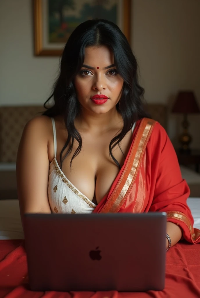 wolf cut hairstyle erotic hindu wife, front facing, 4K, super realistic, huge breast, super big fake lips red lipstick super delicious body saree bra chubby body Hot a sexy figure indian wife wearing read saree and white bra with huge boobs sitting in table and using laptop, trying to intimate, showing big clevage sexy chubby figure, showing boobs, feeling horny, wide angle view