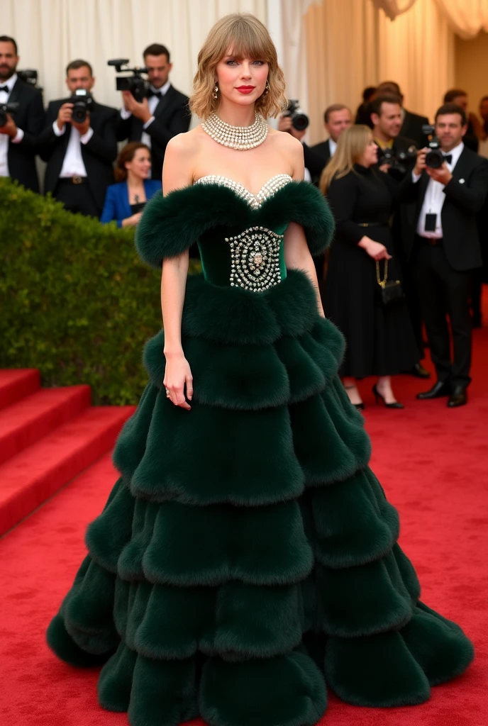 New York MET GALA event, dress core XIX century ancient,Taylor swift, paparazzi behind, complete dress, dark green fur dress, extravagant dress, pearls, many accessories. same dress for all photos, same dress three photos, same dress
