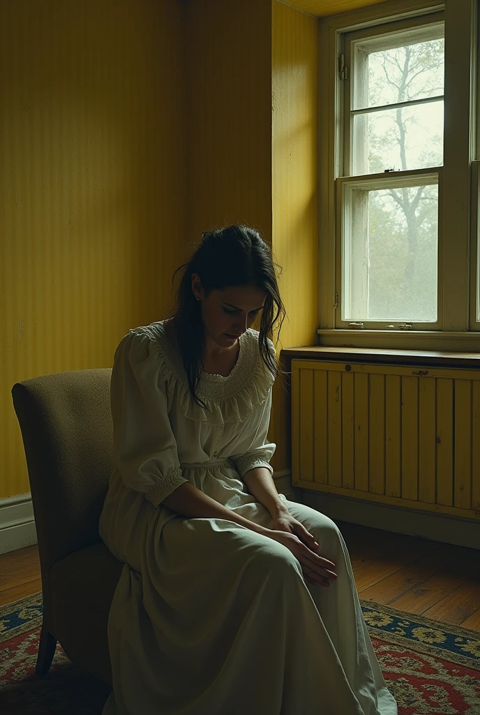 A Victorian housewife sitting captive in a big room of yellow wallpaper and one small window beside which is the only source of light. She's agitated and depressed and a little unorganised
