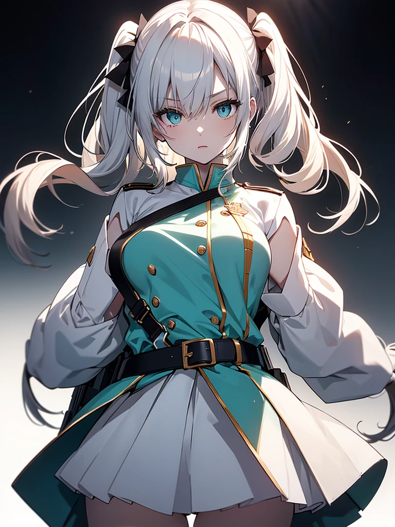 whole body, White one-piece military uniform,(Tabletop:1.2, Highest quality), (Beautiful, detailed eyes: 1.2), (Beautifully detailed face), High Contrast, (Best lighting, Very delicate and beautiful), ((Cinematic Light)), Dramatic Light, Intricate details, Turquoise Eyes, Small breasts, Belt under the chest, White military uniform, White Skirt, Dark gray hair, Black tie, (Pale white background:1.5), Long twin tails fluttering in the wind, Long twin tails, Dynamic pose,