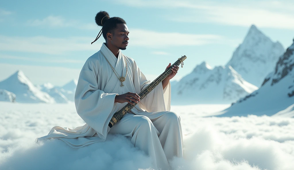 A Black young man playing a chinaize traditional wind instrument sitting on a cloud under antritic