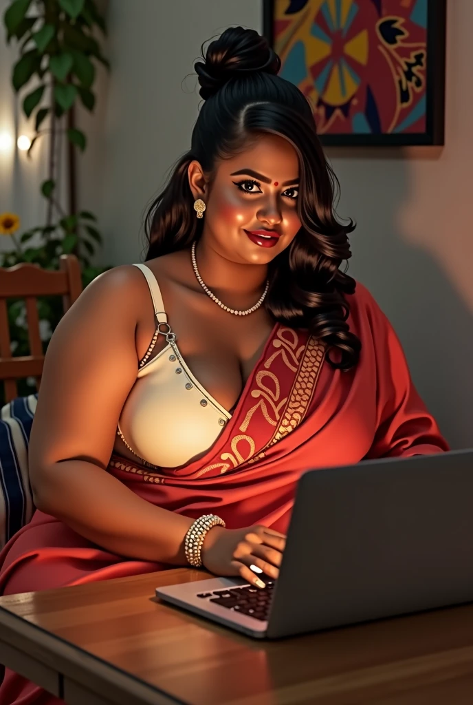 wolf cut hairstyle erotic hindu wife, front facing, 4K, super realistic, huge breast, super big fake lips red lipstick super delicious body saree bra chubby body Hot a sexy figure indian wife wearing read saree and white bra with huge boobs sitting in table and using laptop, trying to intimate, showing big clevage sexy chubby figure, showing boobs, feeling horny