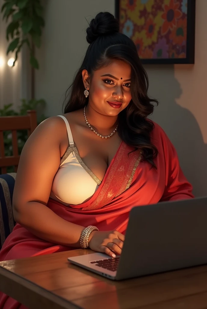 wolf cut hairstyle ?????? hindu wife, front facing, 4K, super realistic, huge breast, super big fake lips red lipstick super delicious body saree bra chubby body Hot a sexy figure indian wife wearing read saree and white bra with huge boobs sitting in table and using laptop, trying to intimate, showing big clevage sexy chubby figure, showing boobs, feeling horny