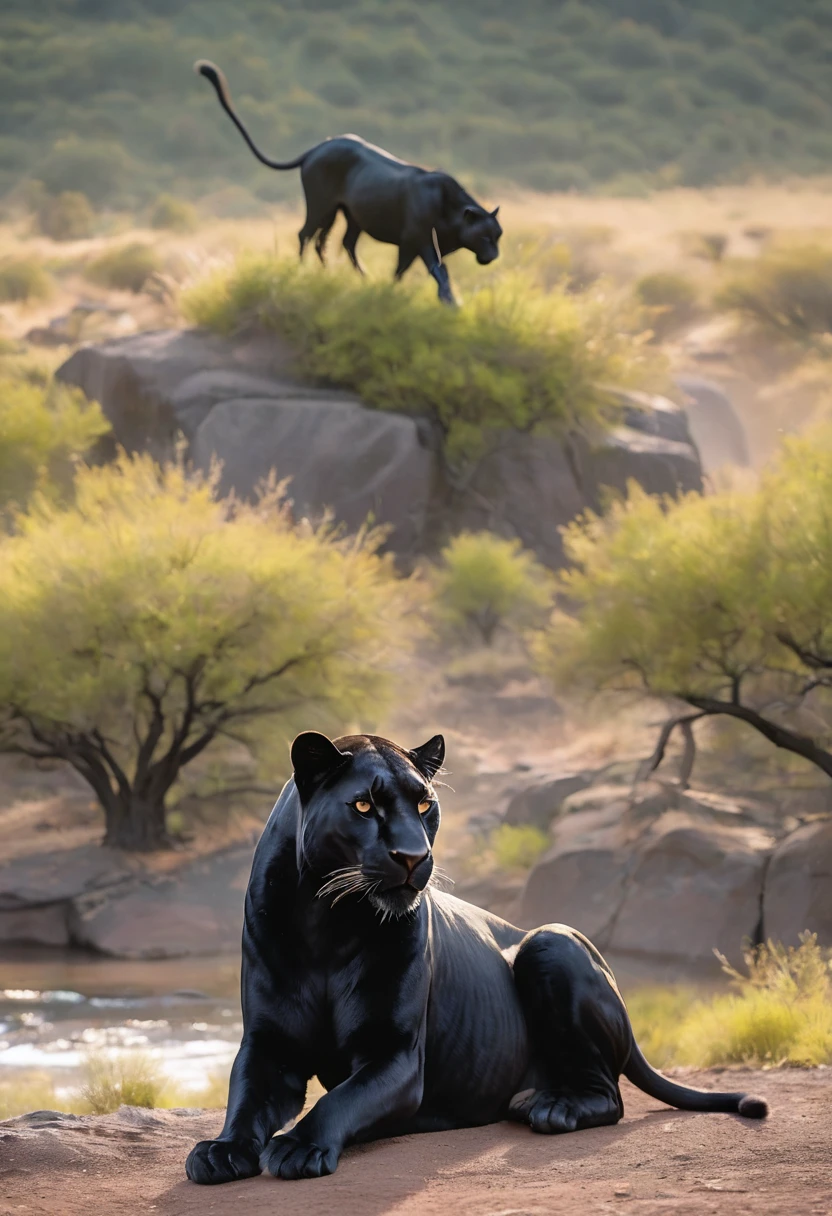 "A dramatic nature scene featuring a powerful black panther standing dominantly over a large ram. The panther, with sleek and muscular features, has a fierce and intense gaze, showcasing its strength as it stands firmly on its prey. The ram, with its soft wool and impressive curved horns, lies on the ground, appearing weak and subdued under the panther's dominance. The surrounding landscape is a wild grassland with distant mountains faintly visible, creating a backdrop of raw and majestic nature. The natural light subtly enhances the contrast between the panther's dark fur and the ram's lighter coat."