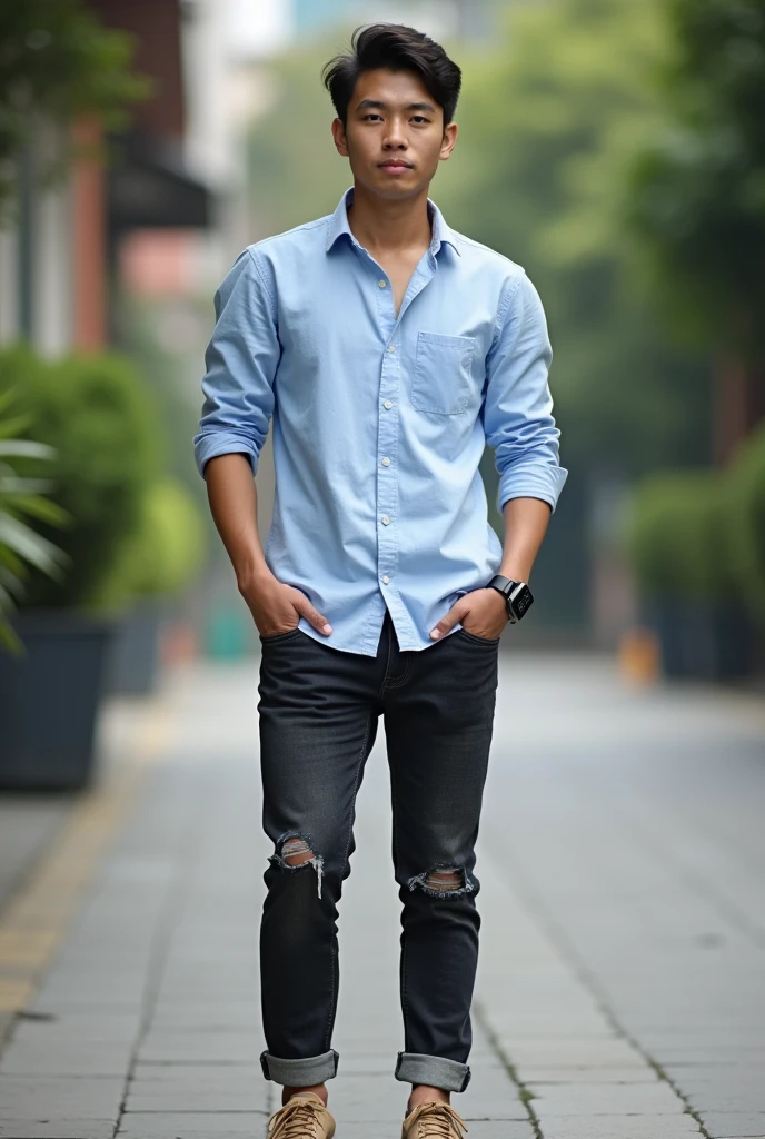 Please make me a realistic photo Indonesia man ((full skinny)) standing outside facing the viewer. This guy was wearing a light blue long-sleeved shirt with buttons, dark torn jeans with rolled up ends, and light brown Adidas samba shoes. An iPhone smartwatch is seen on the person's left wrist.