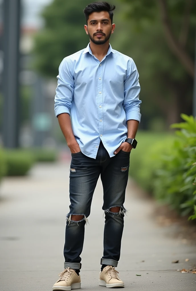 Please make me a realistic photo  Indonesia man ((full skinny)) standing outside facing the viewer. This guy was wearing a light blue long-sleeved shirt with buttons, dark torn jeans with rolled up ends, and light brown Adidas samba shoes. An iPhone smartwatch is seen on the person's left wrist.