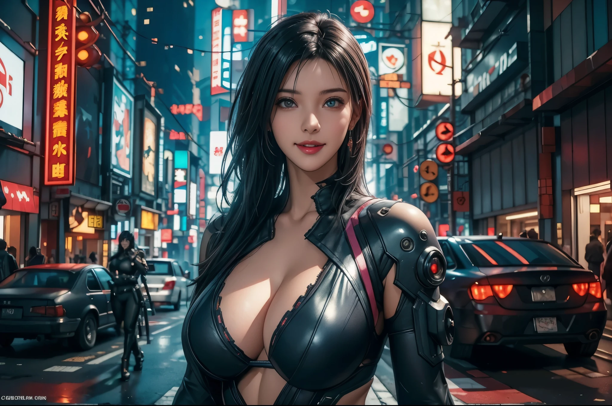 (cyberpunk world war 3), (RAW photo), (Realistic), (photo-realistic), ultra high resolution, masterpiece, highest quality, perfect lighting, detailed lighting, dramatic shadow, ray tracing, one Japanese beautiful girl, ((solo:1.2)), Voluptuous body, cleavage, symmetrical eyes, (((beautiful detailed eyes))), chubby lips, red lips, Super high resolution perfect beautiful teeth, big tits, big ass, big thick thighs, long straight hair, black hair, earrings, half open mouth, smiling, looking at viewer, (cyberpunk combat suit:1.2), upper body shot, cyberpunk street, night, neon lights,