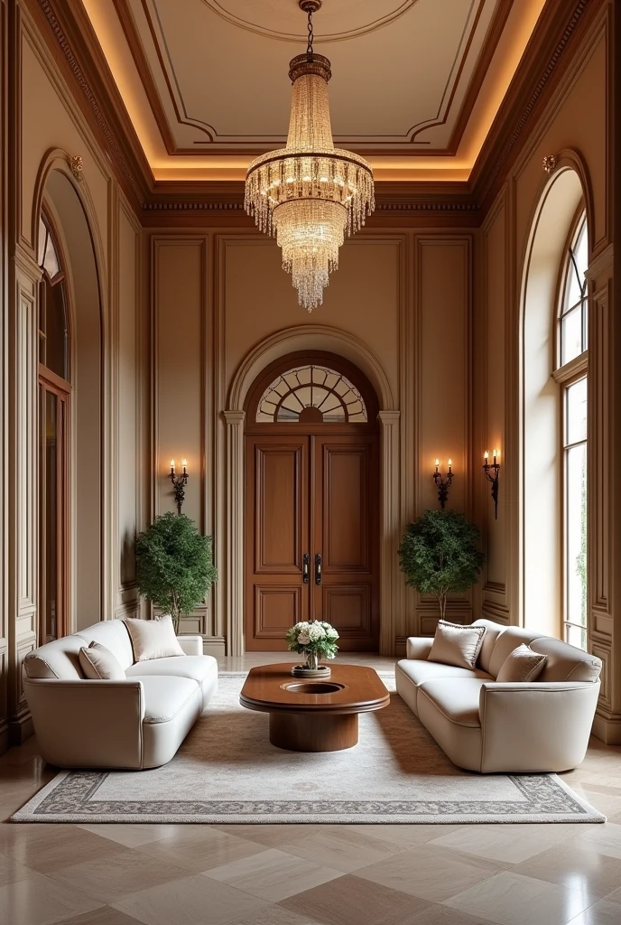 I want to renovate my Home first floor hall I will put in the description. Let's consider  = hl , halls height = hh , halls breadth = hb , door height= dh , door length= dl . Measurement are in inches
halls length=375 inches = a1 & a2
halls breadth=158 inches = b1 & b2
halls height=120 inches
window length= 75 inches
window breadth= 63 inches
door which is in the middle of a1 side of the length of the wall and surrounded by the windows on left and right side of the door and one window on each side of the breadth side of the wall one on b1 & b2. Doors and windows made up of wood old classic fashioned brown coloured.
I want one Bugatti cheron table at the center of the hall and a chandelier on top of it and sofas surrounded touching the wall the costliest sofas in the world and the room colour is creamish. The room should contain all the technology features latest and it should be classy.
