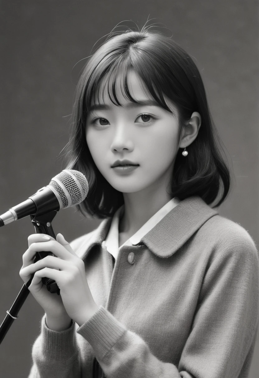 (Masterpiece, BestQuality:1.2), (hyperrealistic:1.1), (Photorealistic), (superrealistic:1.4),(monochrome photos of Japanese singers from the 1960s),lo-fi, faded photos,-girl,(she is holding a microphone in one hand),simple background.BREAK (19yo,detailed face,(wavy-short hair),middle thick eyebrows,eyes with large brown irises,nose blush, fresh lips,small breasts,beautiful detailed teeth,shiny skin,