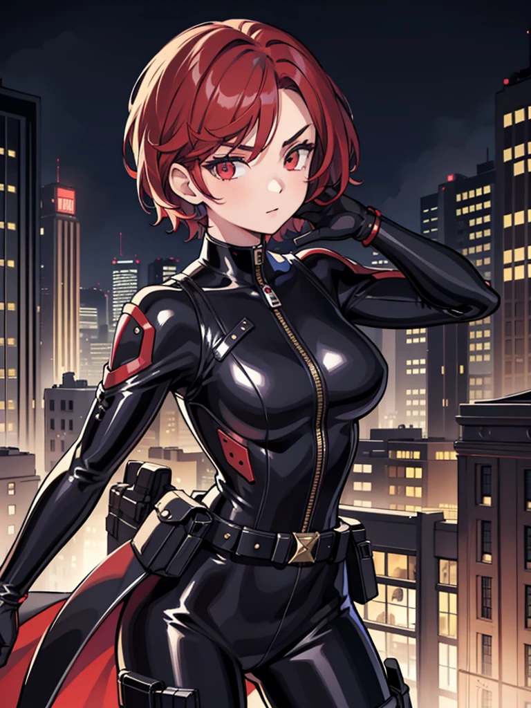 One girl, masterpiece, Lady_Nagant, short hair, Redhead, Red eyes, Severe, Black suit, Portraiture, Mechanical Belt, Night city background, latex,