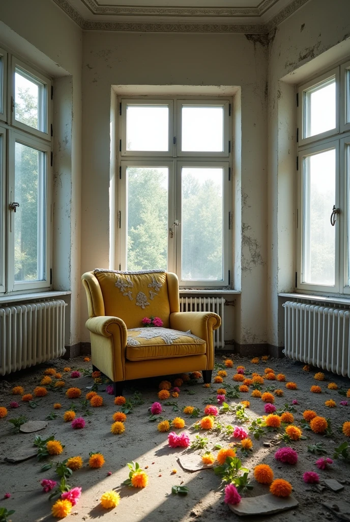 Inside the abandoned room、Germany、An unbroken plush chair in the middle of the room、windowが多い、wallが壊れている、(window、wall、door、The floor is collapsing:2.0)、White Room、peace、The morning sun is shining and it's bright、(床やwallに満開の色とりどりで鮮やかな美しい花々is blooming:1.8)、There is no one、front、Highest quality、8k、high resolution、9:16