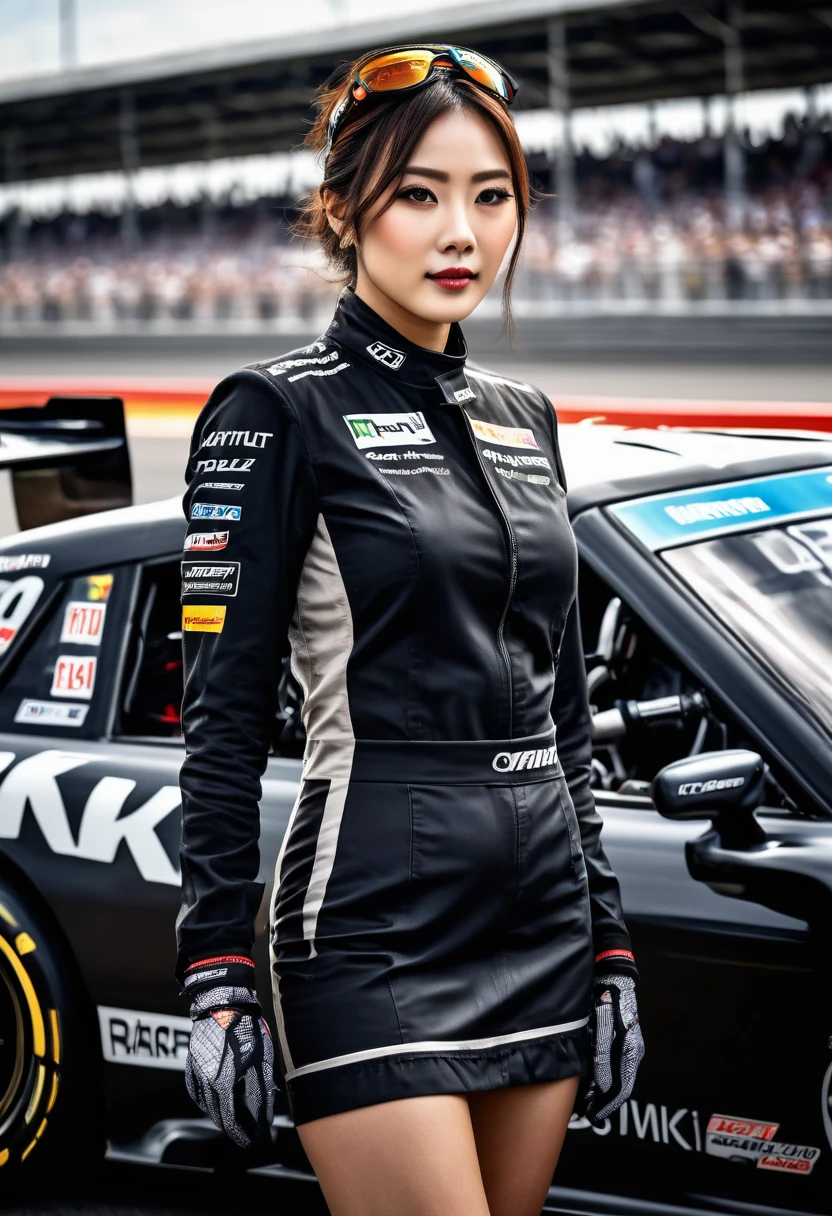 A Japanese race queen standing confidently at a racing circuit, dressed in a sleek and stylish black outfit. Her attire includes a short black top, a mini skirt, high socks, and boots, all in a coordinated black theme. She poses elegantly next to a race car, exuding both sophistication and energy. Her expression is vibrant and engaging, capturing the lively atmosphere of the racing event. The background is filled with the bustling activity of the circuit, with race cars and cheering fans enhancing the dynamic scene, intricate detail Highly Detailed Eyes, Faded, 16K resolution, RAW, Nikon Z9, Creative, Masterpiece, Fantasy, High Definition, High Quality, 8k, Realistic, Dramatic Lighting, Soft Focus, Digital Illustration, Intricate Mechanics, Advanced Techniques, Dark Background Cinematic, High Contrast, High Contrast Atmosphere, (Best Quality, 4k, 8k, High Definition, Masterpiece: 1. 2), Ultra-Detailed, (Realistic, Graphic, Photorealistic: 1. 4) -- No Glass --AR 16:9 --Stylize 1000