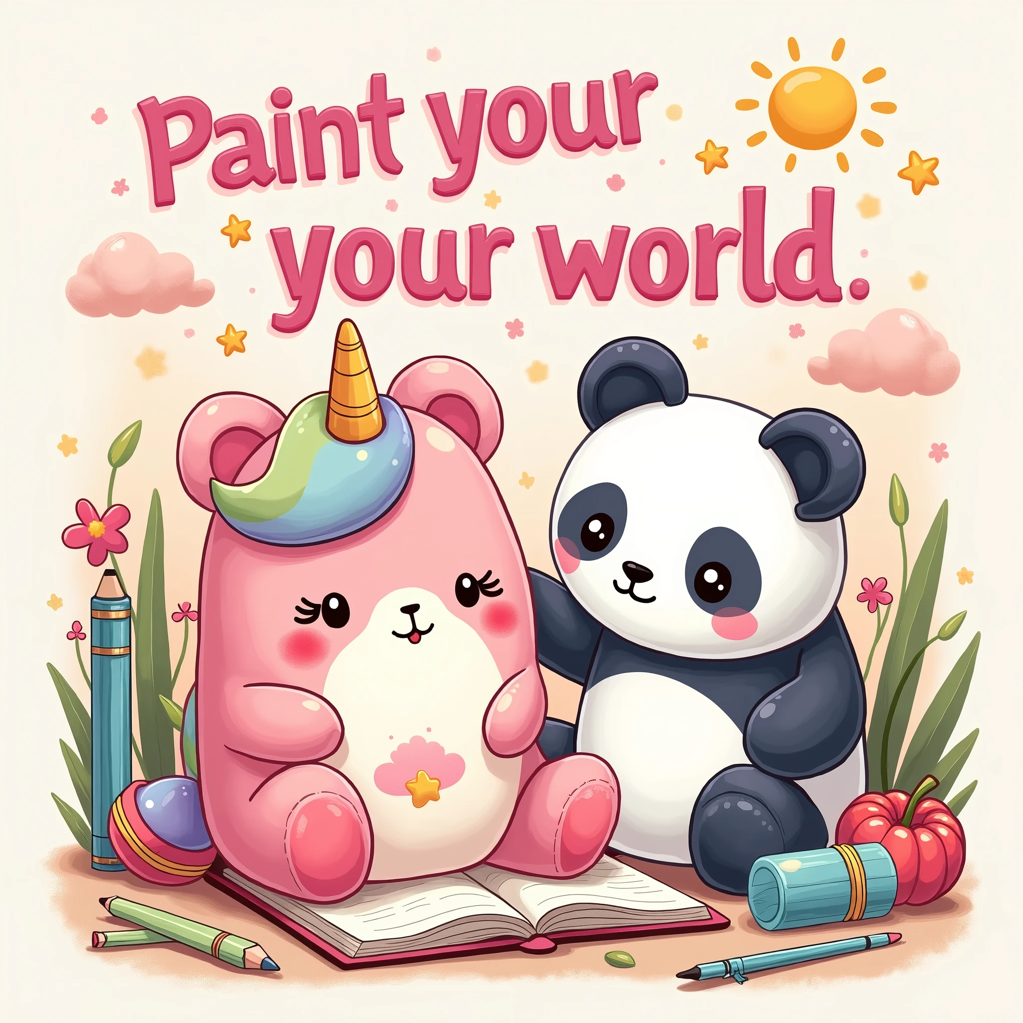 The illustration must feature stationery objects (as colored pencils, pens, notebooks) and two cartoon-style Squishmallows.
The first Squishmallow is a happy unicorn, with vibrant colors and details reminiscent of a teddy bear, with a rounded and cozy shape.
The second Squishmallow is a panda bear, also with a plush appearance and with cute and delicate features.
Both Squishmallows are in different situations/places that suggest a school fun vibe.
Art must have an organic distribution, suitable for shirt printing, avoiding rigid rectangular shapes.
Below this scene, inclua o texto “Paint your world with joy,” styled in a fun and colorful way, with the font color transitioning from pink at the top to yellow at the bottom, imitating a sunset.
The overall art should evoke a sense of school nostalgia and the joy of drawing., reflecting the theme of a high school summer.