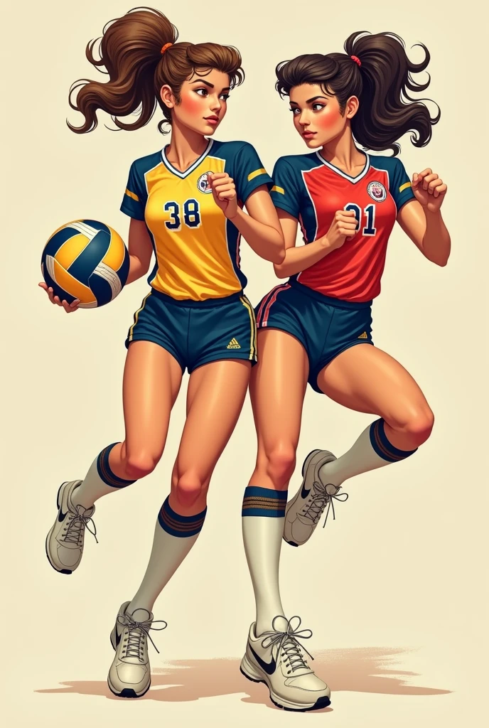 Two girls in volleyball uniform full body 1980s