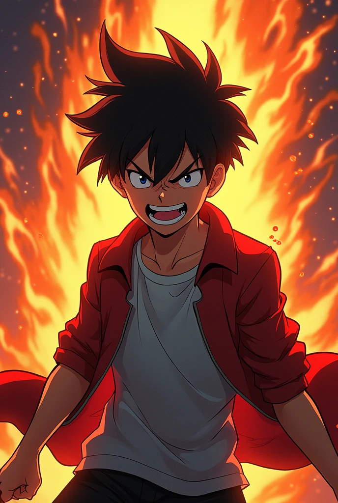 A anime boy with comeback attitude
With fire everything very angered shouting