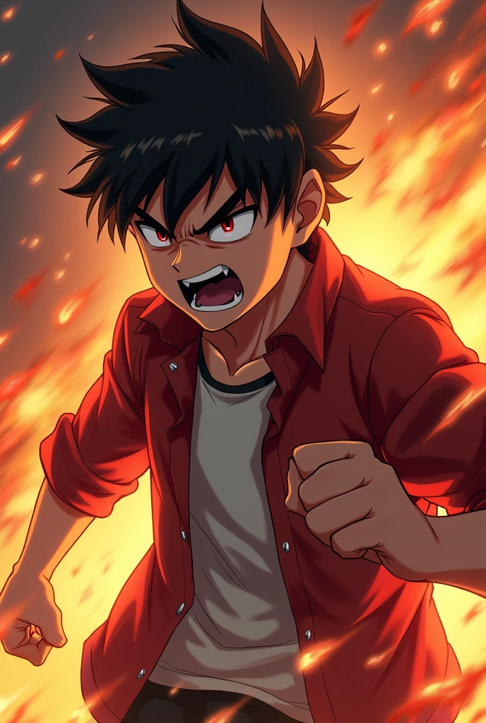 A anime boy with comeback attitude
With fire everything very angered shouting