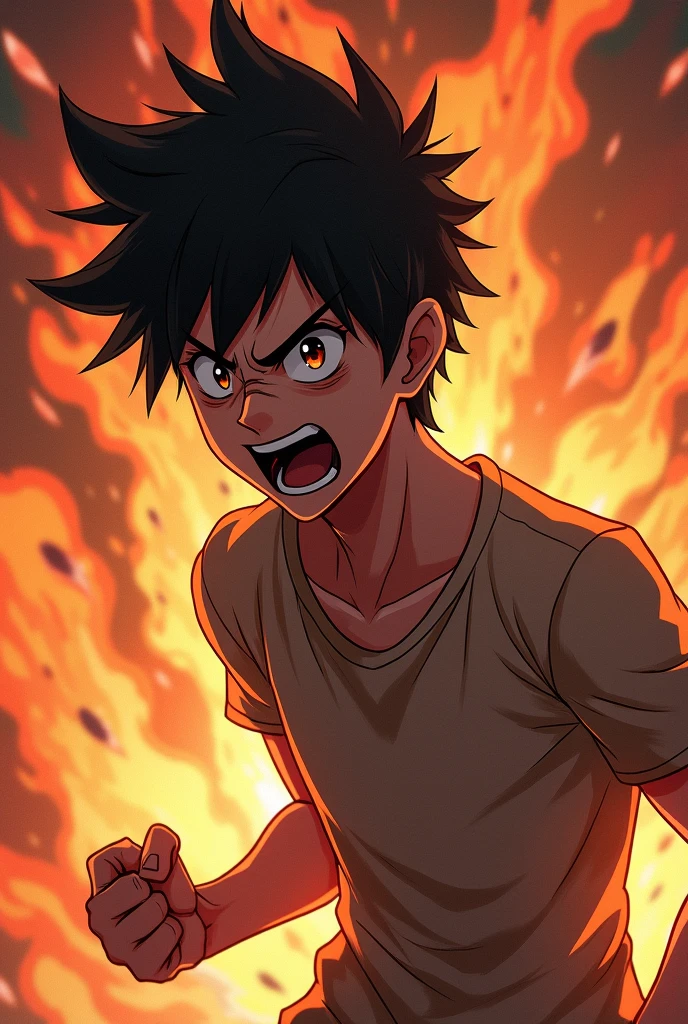 A anime boy with comeback attitude
With fire everything very angered shouting