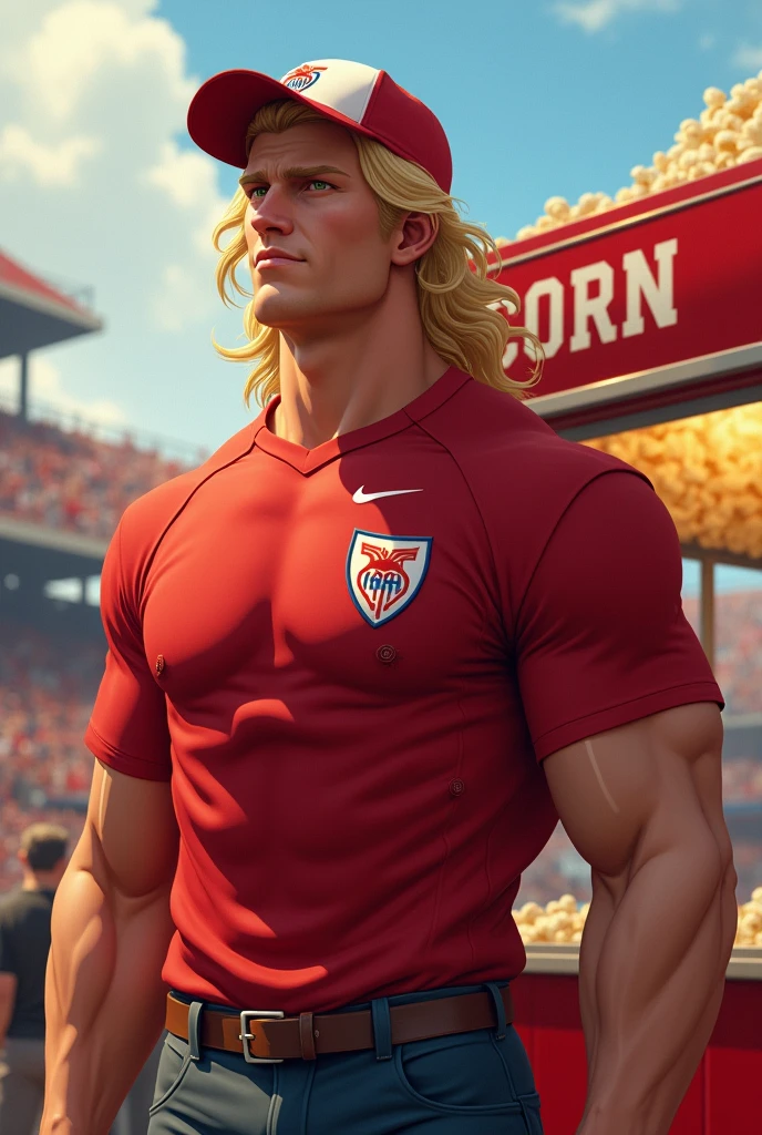 Blond football player with slightly long hair in a red shirt with a shield emblem with the letters CAP with a popcorn cart selling popcorn