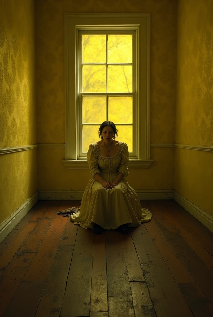 A Victorian housewife sitting captive in a big room of yellow wallpaper and one small window beside which is the only source of light. She's agitated and depressed