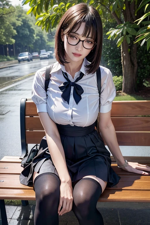 Realistic, High resolution, 1 female, Mature Woman, alone, Hip Up, Viewer Display, (Detailed face), (Short Bob)、(Glasses)、school uniform, mini skirt、Tight waist、Ample breasts、(Over the knee socks)、Sit on a bench、(Blouse wet in the rain)、(Girl in the rain)、bus stop、heavy Rain、(dark sky)、(Dark Background)、At dusk、Rain-soaked hair、Backlight, Anatomically correct, 